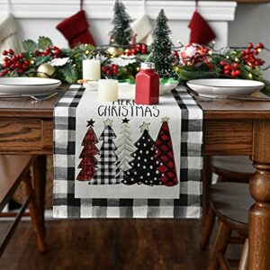 Artoid Mode Waterclor Buffalo Plaid Christmas Trees Merry Xmas Table Runner, Seasonal Winter Holiday Kitchen Dining Table Decoration for Indoor Outdoor Home Party Decor 13 x 72 Inch