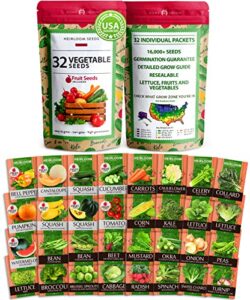 32 heirloom vegetable and fruit seeds for planting - 16,000+ seeds | non-gmo survival seed vault | high germination | 32 varieties of vegetable seeds for your home survival garden - packaging may vary