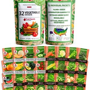 32 Heirloom Vegetable and Fruit Seeds for Planting - 16,000+ Seeds | Non-GMO Survival Seed Vault | High Germination | 32 Varieties of Vegetable Seeds for Your Home Survival Garden - Packaging may vary