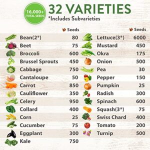 32 Heirloom Vegetable and Fruit Seeds for Planting - 16,000+ Seeds | Non-GMO Survival Seed Vault | High Germination | 32 Varieties of Vegetable Seeds for Your Home Survival Garden - Packaging may vary