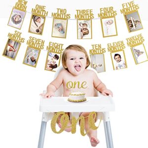 1st Birthday Baby Photo Banner for Newborn to 12 Months, with High Chair Banner, Monthly Milestone Photograph Bunting Garland First Birthday Celebration Decoration