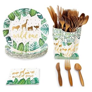 144 piece wild one party supplies for first birthday decorations for boys and girls, jungle safari theme dinnerware with paper plates, napkins, cups, and cutlery (serves 24)
