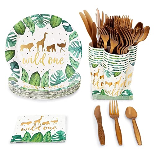 144 Piece Wild One Party Supplies for First Birthday Decorations for Boys and Girls, Jungle Safari Theme Dinnerware with Paper Plates, Napkins, Cups, and Cutlery (Serves 24)