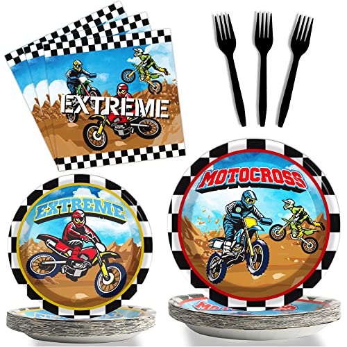 gisgfim 96 Pcs Dirt Bike Party Plates and Napkins Party Supplies Motorcycle Theme Party Tableware Set Motocross Dirt Bike Party Decorations Favors for Boys' Birthday Baby Shower Serves 24