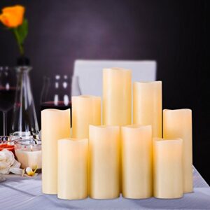 RY King Battery Operated Flameless Candle Set of 9 Real Wax Pillar Decorative Led Fake Candles with Remote Control and Timer