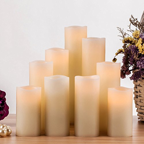 RY King Battery Operated Flameless Candle Set of 9 Real Wax Pillar Decorative Led Fake Candles with Remote Control and Timer