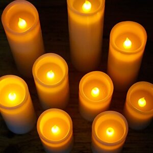 RY King Battery Operated Flameless Candle Set of 9 Real Wax Pillar Decorative Led Fake Candles with Remote Control and Timer