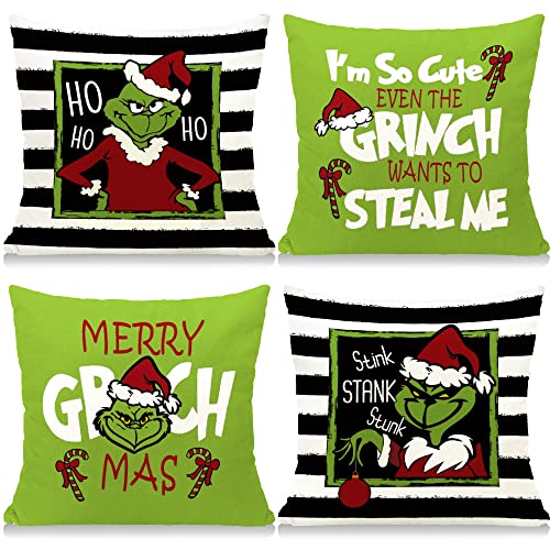 Christmas Pillow Covers 18x18 Merry Christmas Grinch Christmas Pillows Grinch Decor Farmhouse Christmas Throw Pillow Covers Set of 4 Christmas Decorations for Home