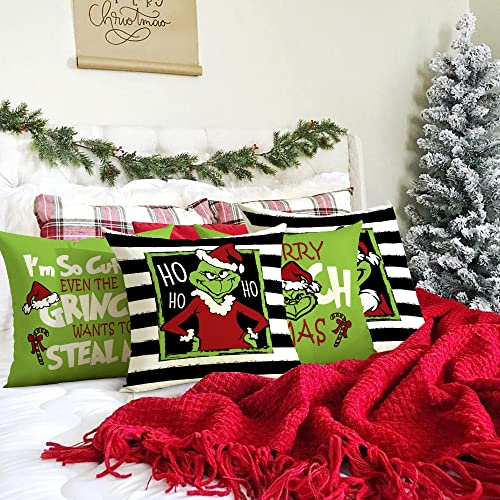 Christmas Pillow Covers 18x18 Merry Christmas Grinch Christmas Pillows Grinch Decor Farmhouse Christmas Throw Pillow Covers Set of 4 Christmas Decorations for Home