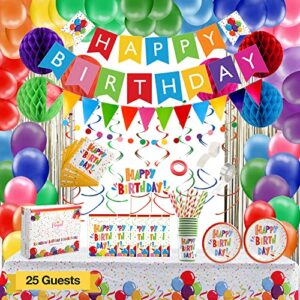 275 pc colorful birthday party decorations for boy, girl, women, men Ð rainbow party supplies with happy birthday banner, balloons garland arch kit foil curtains tablecloth swirl honeycomb cake topper plates cups napkins straws for 25 guest & more
