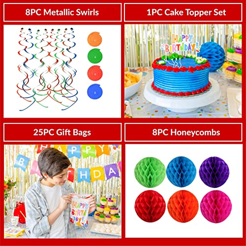 275 PC Colorful Birthday Party Decorations for Boy, Girl, Women, Men Ð Rainbow Party Supplies With Happy Birthday Banner, Balloons Garland Arch Kit Foil Curtains Tablecloth Swirl Honeycomb Cake Topper Plates Cups Napkins Straws for 25 Guest & More