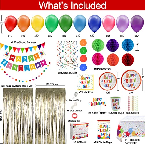 275 PC Colorful Birthday Party Decorations for Boy, Girl, Women, Men Ð Rainbow Party Supplies With Happy Birthday Banner, Balloons Garland Arch Kit Foil Curtains Tablecloth Swirl Honeycomb Cake Topper Plates Cups Napkins Straws for 25 Guest & More