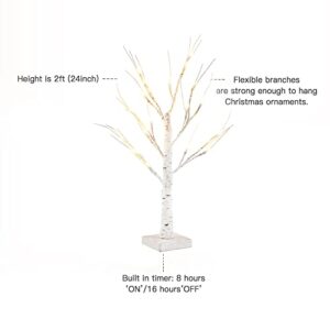 YEAHOME 2 Pack 2FT/24” Birch Tree Light with 18LT Warm White LEDs Battery Powered Timer for Christmas Decorations Indoor, Artificial Tabletop Money Tree for Wedding Party Desk Table Mantel Home Decor