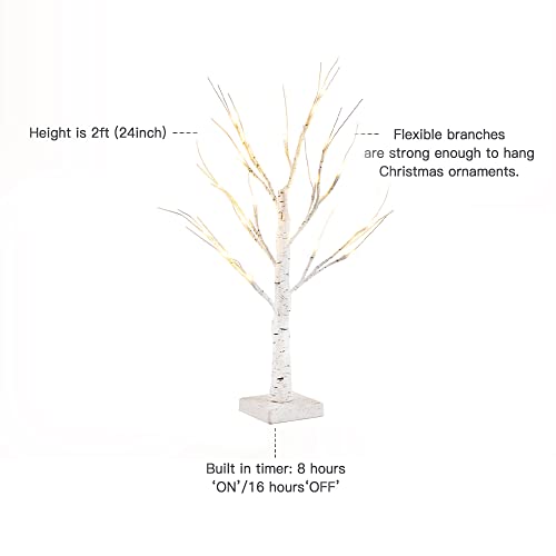 YEAHOME 2 Pack 2FT/24” Birch Tree Light with 18LT Warm White LEDs Battery Powered Timer for Christmas Decorations Indoor, Artificial Tabletop Money Tree for Wedding Party Desk Table Mantel Home Decor