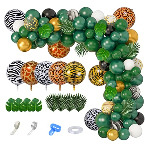 Amandir Jungle Safari Balloon Garland Arch Kit, Gold Dark Green 4D Animal Foil Balloons Artificial Tropical Palm Leaves Safari Baby Shower Decorations for Boys Girls Wild One Birthday Party Supplies