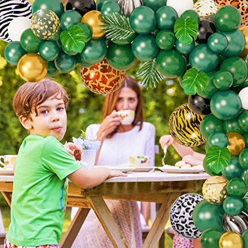 Amandir Jungle Safari Balloon Garland Arch Kit, Gold Dark Green 4D Animal Foil Balloons Artificial Tropical Palm Leaves Safari Baby Shower Decorations for Boys Girls Wild One Birthday Party Supplies