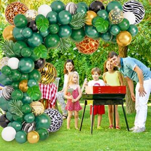 Amandir Jungle Safari Balloon Garland Arch Kit, Gold Dark Green 4D Animal Foil Balloons Artificial Tropical Palm Leaves Safari Baby Shower Decorations for Boys Girls Wild One Birthday Party Supplies