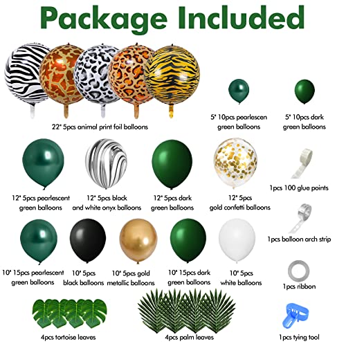 Amandir Jungle Safari Balloon Garland Arch Kit, Gold Dark Green 4D Animal Foil Balloons Artificial Tropical Palm Leaves Safari Baby Shower Decorations for Boys Girls Wild One Birthday Party Supplies