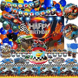 239pcs truck game themed birthday party supplies, cartoon truck birthday party decorations for kids boys girls with happy birthday banner balloons tableware backdrop cake cupcake toppers tableware tablecloth