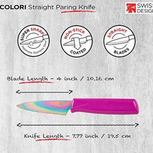 Kuhn Rikon Colori Non-Stick Straight Paring Knife with Safety Sheath, 4 inch/10.16 cm Blade, Unicorn