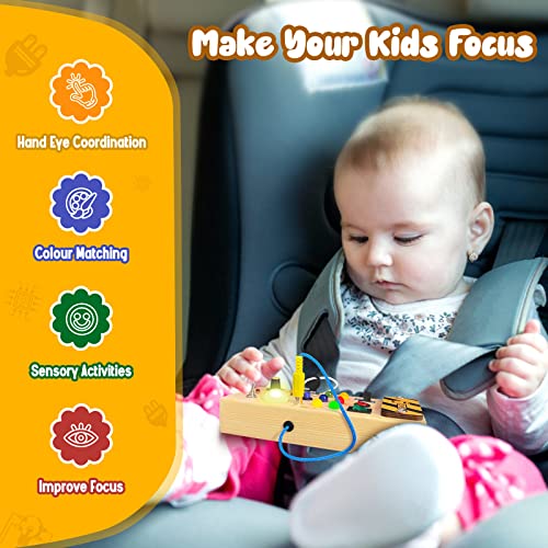 Montessori Toddler Busy Board, Baby Wooden Busy Board with 8 LED Light switches, Sensory Toys Light Switch Toys Travel Toys for 1+ Year Old Baby and Toddler