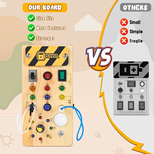 Montessori Toddler Busy Board, Baby Wooden Busy Board with 8 LED Light switches, Sensory Toys Light Switch Toys Travel Toys for 1+ Year Old Baby and Toddler