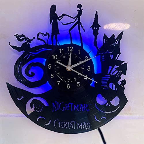 Christmas Nightmare Vinyl Record Wall Clock Creative with 7Color Glowing Night Light Clock 12Inches Handmade Home Decor Gifts for Children and Friends