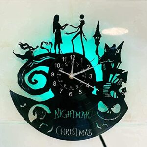 Christmas Nightmare Vinyl Record Wall Clock Creative with 7Color Glowing Night Light Clock 12Inches Handmade Home Decor Gifts for Children and Friends