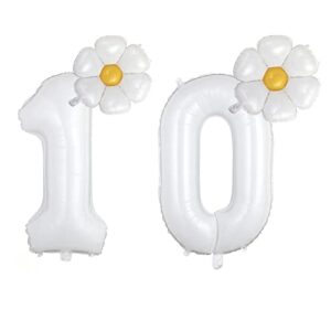 white number 10 daisy balloons set,10th birthday party decorations,32 inch 10 daisy balloons, daisy foil balloons for party, birthday, baby shower, wedding décor, groovy boho daisy party supplies-10