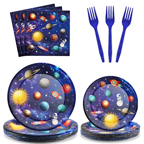 Tevxj 96 Pieces Outer Space Party Decorations Supplies Galaxy Party Tableware Set Outer Space Birthday Party Dessert Plates Napkins Forks for 24 Guests Boy or Girl Party Favors