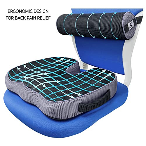 2pc Ergonomic Seat Cushion Lumbar Roll Combo for Chair - Pain and Pressure Relief for Lower Back, Sciatica, Coccyx, Butt, Tailbone - Memory Foam Posture Support Pillow for Office Desk, Car, Wheelchair
