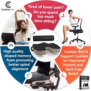 2pc Ergonomic Seat Cushion Lumbar Roll Combo for Chair - Pain and Pressure Relief for Lower Back, Sciatica, Coccyx, Butt, Tailbone - Memory Foam Posture Support Pillow for Office Desk, Car, Wheelchair