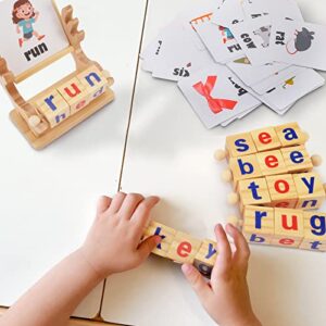 Montessori Toys for 3 4 5 Years Old Wooden Reading Blocks CVC Sight Words Game for Toddlers Letter Flash Cards for Kindergarten Kids Learning Educational Alphabet Phonics for Preschool Girls Boys