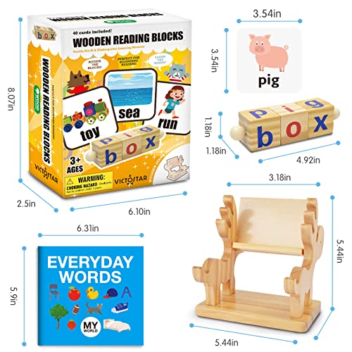 Montessori Toys for 3 4 5 Years Old Wooden Reading Blocks CVC Sight Words Game for Toddlers Letter Flash Cards for Kindergarten Kids Learning Educational Alphabet Phonics for Preschool Girls Boys