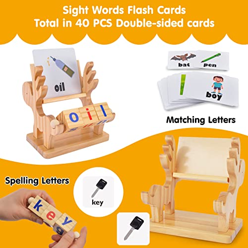 Montessori Toys for 3 4 5 Years Old Wooden Reading Blocks CVC Sight Words Game for Toddlers Letter Flash Cards for Kindergarten Kids Learning Educational Alphabet Phonics for Preschool Girls Boys