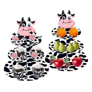 cow print theme birthday party supplies, 2 pcs 3-tier cow print cupcake stand, farm animal themed birthday party supplies for girls and boys, cowgirl or cowboy party decorations