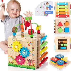 bravmate wooden activity cube | 8-in-1 montessori toys for 12m+ toddlers, one year old first birthday gift, baby toy set with bonus sorting & stacking board