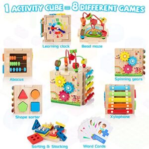 Bravmate Wooden Activity Cube | 8-in-1 Montessori Toys for 12M+ Toddlers, One Year Old First Birthday Gift, Baby Toy Set with Bonus Sorting & Stacking Board