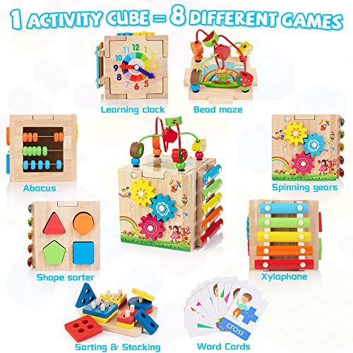 Bravmate Wooden Activity Cube | 8-in-1 Montessori Toys for 12M+ Toddlers, One Year Old First Birthday Gift, Baby Toy Set with Bonus Sorting & Stacking Board