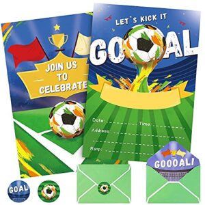 wernnsai soccer ball birthday party invitations with envelopes for boys - sports themed birthday party supplies kids girls 24 count football blank party invites cards with goal stickers