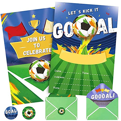 WERNNSAI Soccer Ball Birthday Party Invitations with Envelopes for Boys - Sports Themed Birthday Party Supplies Kids Girls 24 Count Football Blank Party Invites Cards with Goal Stickers