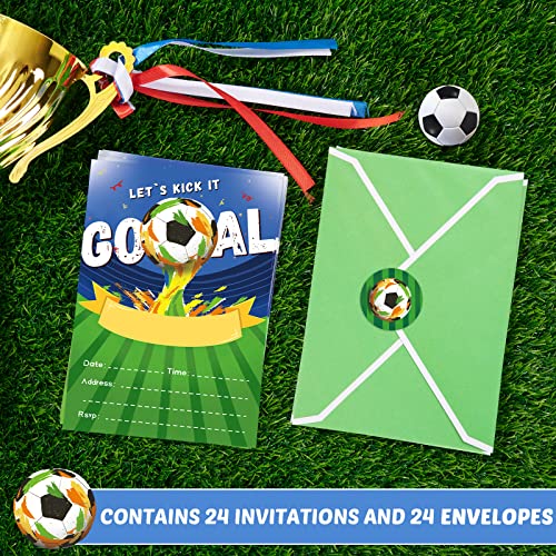 WERNNSAI Soccer Ball Birthday Party Invitations with Envelopes for Boys - Sports Themed Birthday Party Supplies Kids Girls 24 Count Football Blank Party Invites Cards with Goal Stickers