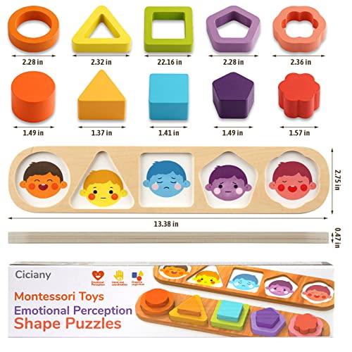 Ciciany Toddler Montessori Toy Shape Puzzles Baby Puzzle 12-18-24 Months Educational Emotion & Shape & Color Sorter Preschool Learning Wood Gift for Infant Kids Ages 1-3