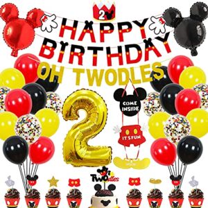 2nd Mouse Birthday Party Supplies Decorations 57Pcs - HAPPY BIRTHDAY Banner OH TWODLES Banner '2' Foil Balloon Balloons Hat Door Sign Cupcake Toppers Birthday Decorations for Boys Girls Kids Babies