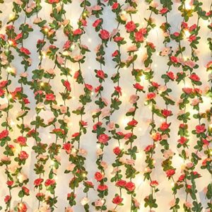 bleum cade 2 pcs 16.4ft flower garland artificial rose vines with 16.4ft string lights, fake flower vines garland decorations for wedding party valentines day christmas wall room decor aesthetic