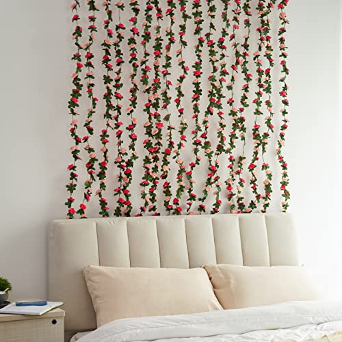 BLEUM CADE 2 Pcs 16.4Ft Flower Garland Artificial Rose Vines with 16.4Ft String Lights, Fake Flower Vines Garland Decorations for Wedding Party Valentines Day Christmas Wall Room Decor Aesthetic