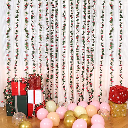 BLEUM CADE 2 Pcs 16.4Ft Flower Garland Artificial Rose Vines with 16.4Ft String Lights, Fake Flower Vines Garland Decorations for Wedding Party Valentines Day Christmas Wall Room Decor Aesthetic