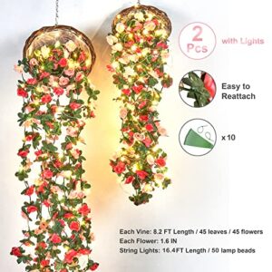 BLEUM CADE 2 Pcs 16.4Ft Flower Garland Artificial Rose Vines with 16.4Ft String Lights, Fake Flower Vines Garland Decorations for Wedding Party Valentines Day Christmas Wall Room Decor Aesthetic