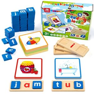 coogam wooden short vowel reading letters sorting spelling games, sight words learning flashcards alphabet puzzle montessori educational toy gift for kids 3 4 5 years old