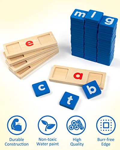 Coogam Wooden Short Vowel Reading Letters Sorting Spelling Games, Sight Words Learning Flashcards Alphabet Puzzle Montessori Educational Toy Gift for Kids 3 4 5 Years Old